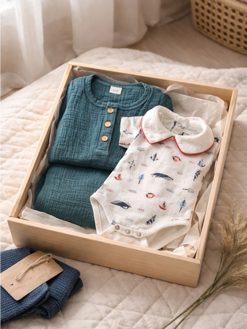NWOT Caribbean Joe Baby Boy One Piece Sailboats & Green Gauze Romper - Size 3-6M